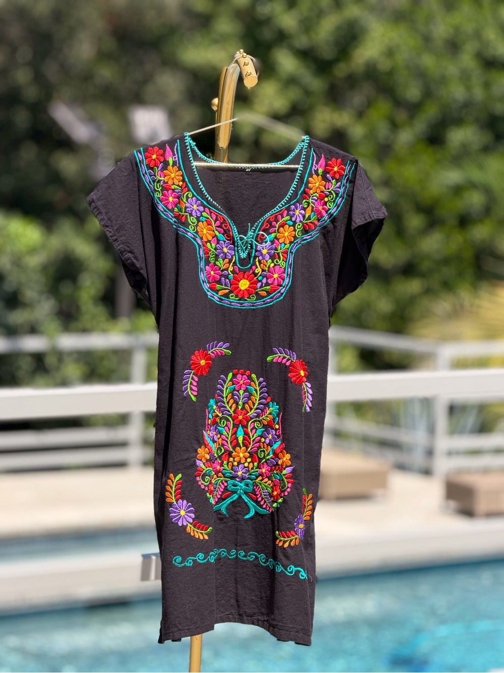 Black Embroidered Floral Mexican Dress